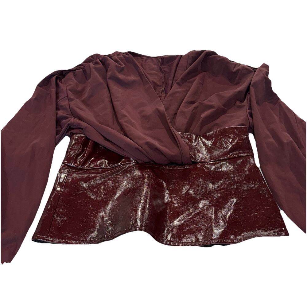 Commense Women's Burgundy V-Neck Faux Leather Whimsygoth Blouse NWT